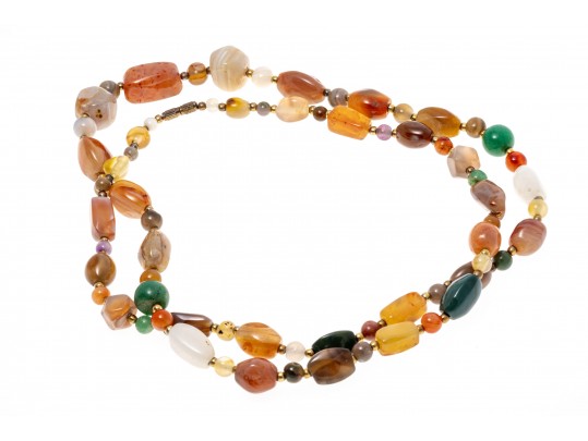 Lot Of Three Stone Jewelry Pieces Including And Opera Length Agate Necklace