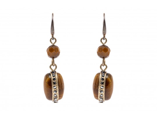 Beautiful Faceted And Cabachon Tigers Eye And Marcasite Drop Pendant Earrings