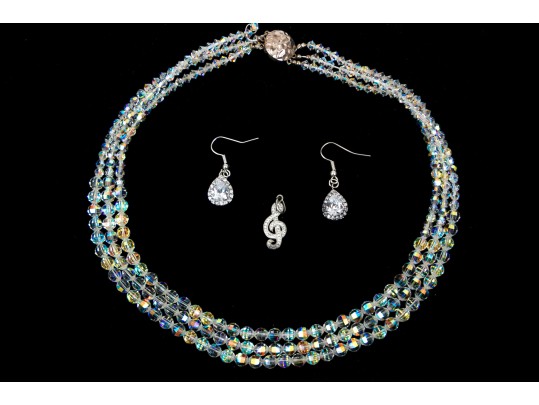Sterling And Iridescent Beaded Necklace, Earrings And Pendant