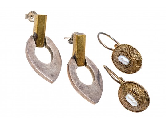 Lot Of Two Sterling Silver And Sterling And Brass Contemporary Drop Earrings