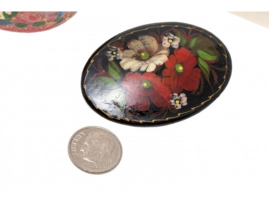 Delightful Lot Of Four Hand Painted Black Lacquer Brooches