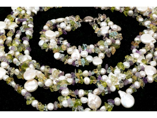 Sterling Cultured Pearl, Amethyst, Citrine And Peridot Necklace And Bracelet