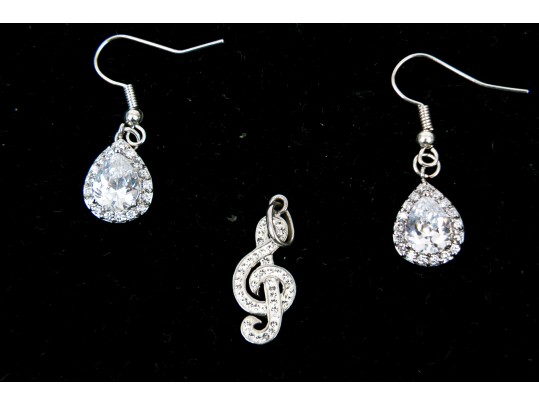 Sterling And Iridescent Beaded Necklace, Earrings And Pendant