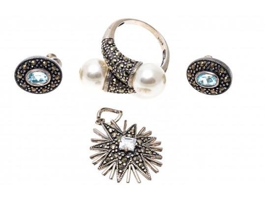 Lot Of Three Sterling And Marcasite Jewelry Pieces, Including Blue Topaz Earrings