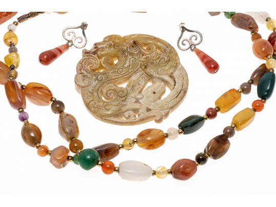 Lot Of Three Stone Jewelry Pieces Including And Opera Length Agate Necklace