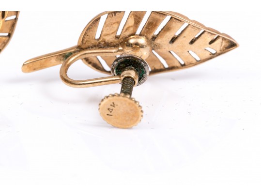14K Opposing Clip Back Leaf Form Earrings