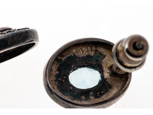 Lot Of Three Sterling And Marcasite Jewelry Pieces, Including Blue Topaz Earrings