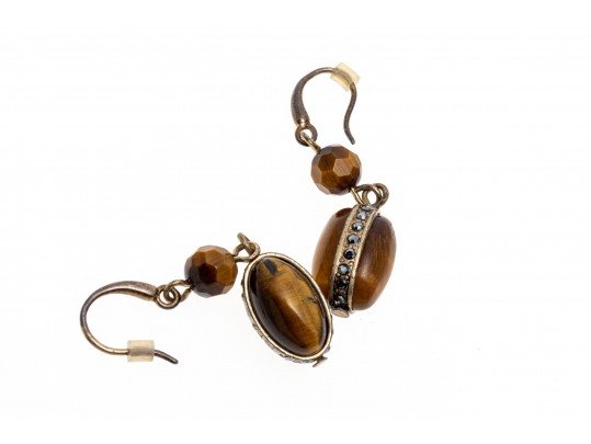 Beautiful Faceted And Cabachon Tigers Eye And Marcasite Drop Pendant Earrings