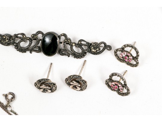 Sterling And Marcasite Earrings, Necklace And Bar Pin