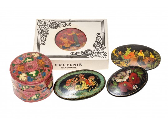 Delightful Lot Of Four Hand Painted Black Lacquer Brooches