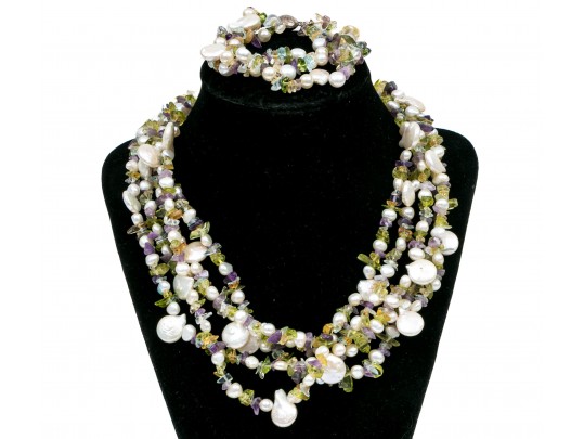 Sterling Cultured Pearl, Amethyst, Citrine And Peridot Necklace And Bracelet