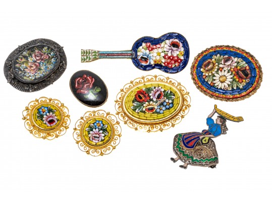 Colorful Lot Of Assorted Micro Mosaic, Enamel And Floral Costume Jewelry