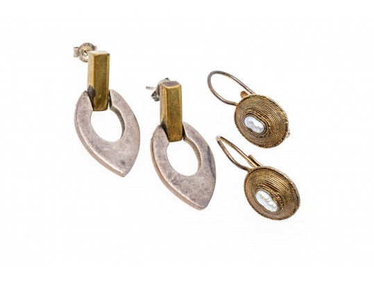 Lot Of Two Sterling Silver And Sterling And Brass Contemporary Drop Earrings