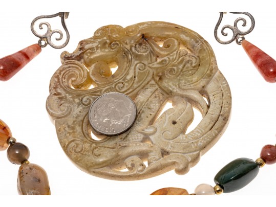 Lot Of Three Stone Jewelry Pieces Including And Opera Length Agate Necklace