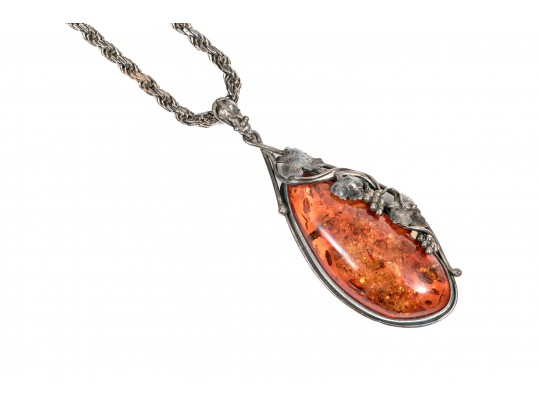 Handsome Sterling And Faux Amber Pendant Necklace