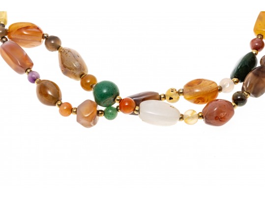 Lot Of Three Stone Jewelry Pieces Including And Opera Length Agate Necklace