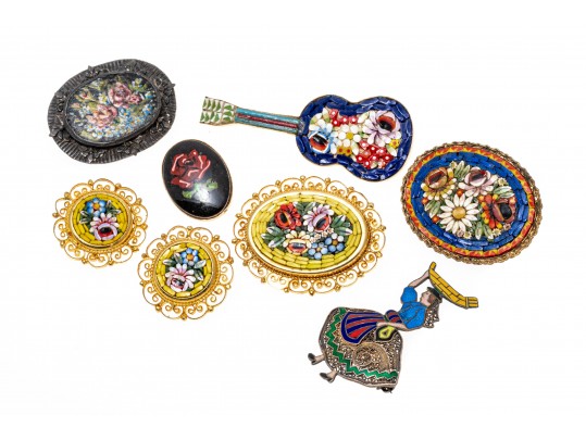 Colorful Lot Of Assorted Micro Mosaic, Enamel And Floral Costume Jewelry