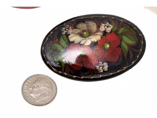 Delightful Lot Of Four Hand Painted Black Lacquer Brooches