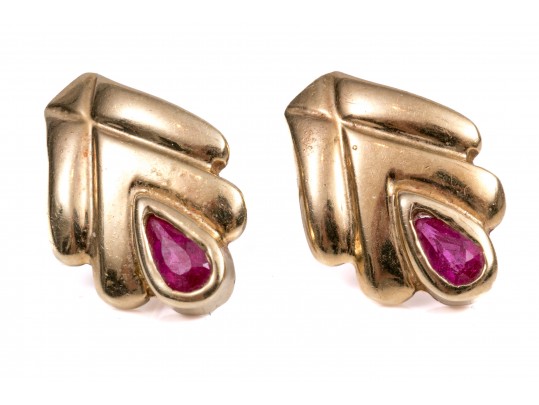 14K And Pink Sapphire Cheveron Earrings