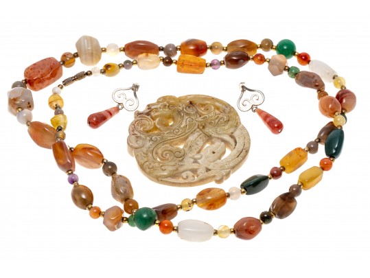Lot Of Three Stone Jewelry Pieces Including And Opera Length Agate Necklace