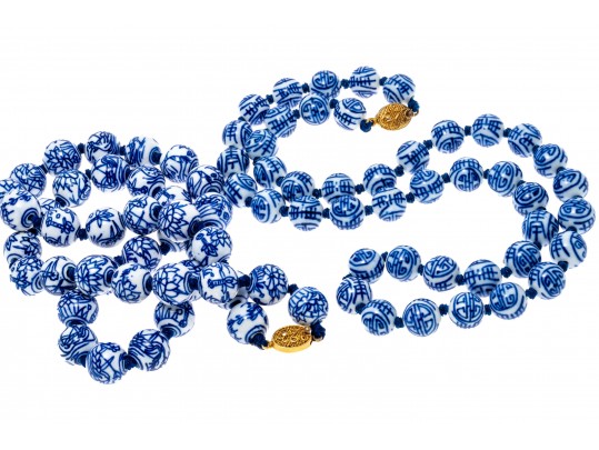Pair Of Vintage Chinese Porcelain Blue And White Bead Matinee Length Necklaces