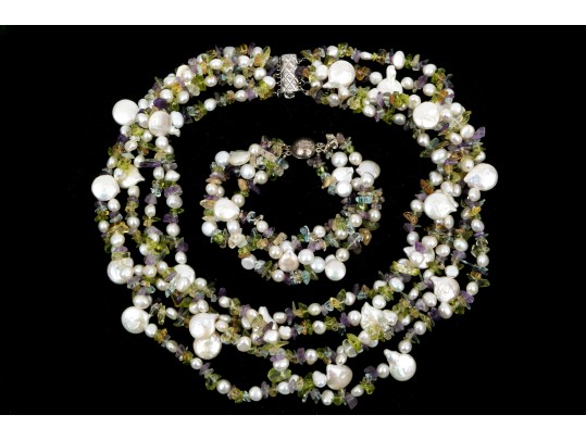 Sterling Cultured Pearl, Amethyst, Citrine And Peridot Necklace And Bracelet