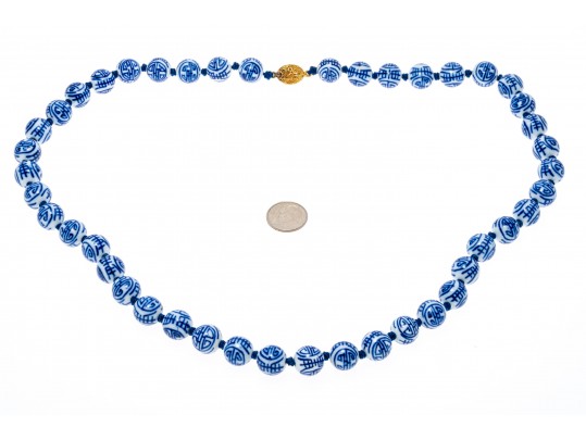 Pair Of Vintage Chinese Porcelain Blue And White Bead Matinee Length Necklaces
