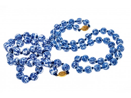 Pair Of Vintage Chinese Porcelain Blue And White Bead Matinee Length Necklaces