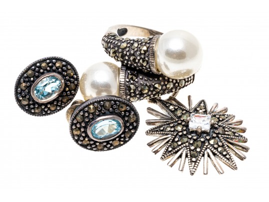 Lot Of Three Sterling And Marcasite Jewelry Pieces, Including Blue Topaz Earrings