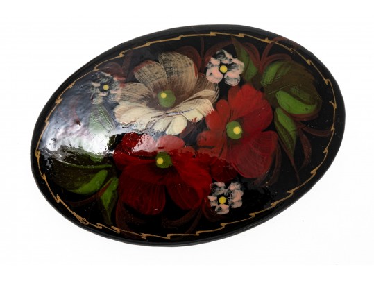 Delightful Lot Of Four Hand Painted Black Lacquer Brooches