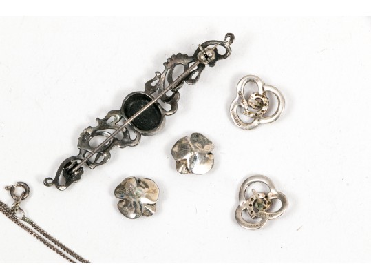 Sterling And Marcasite Earrings, Necklace And Bar Pin