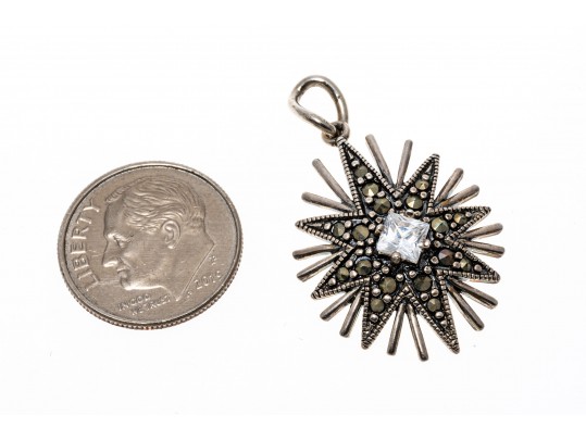 Lot Of Three Sterling And Marcasite Jewelry Pieces, Including Blue Topaz Earrings