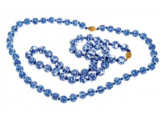Pair Of Vintage Chinese Porcelain Blue And White Bead Matinee Length Necklaces
