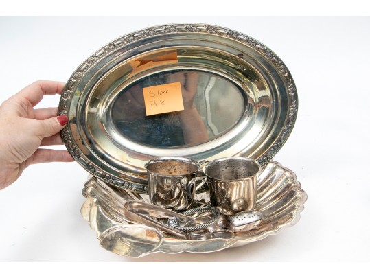 Weighted Sterling, 84 Silver Cup And Silver Plated Dishes And Candle Holder