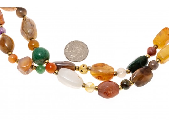 Lot Of Three Stone Jewelry Pieces Including And Opera Length Agate Necklace