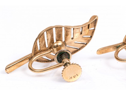 14K Opposing Clip Back Leaf Form Earrings