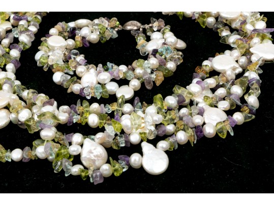 Sterling Cultured Pearl, Amethyst, Citrine And Peridot Necklace And Bracelet