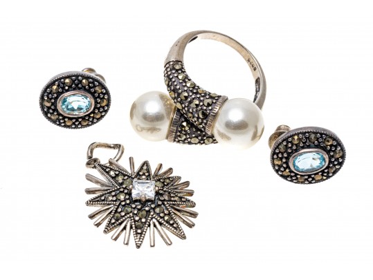 Lot Of Three Sterling And Marcasite Jewelry Pieces, Including Blue Topaz Earrings