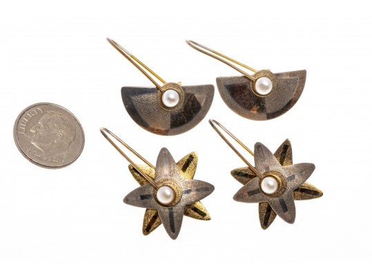 Lot Of Two Interesting Contemporary Sterling Silver Drop Pendant Earrings