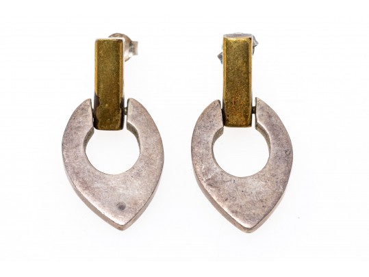 Lot Of Two Sterling Silver And Sterling And Brass Contemporary Drop Earrings
