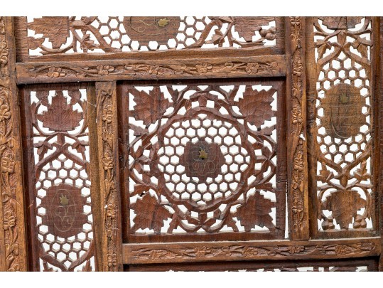 Fine Asian Carved Wood Four Panel Screen 