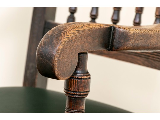 Antique Oak Spindle Back Chair Leather Upholstered
