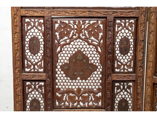 Fine Asian Carved Wood Four Panel Screen 