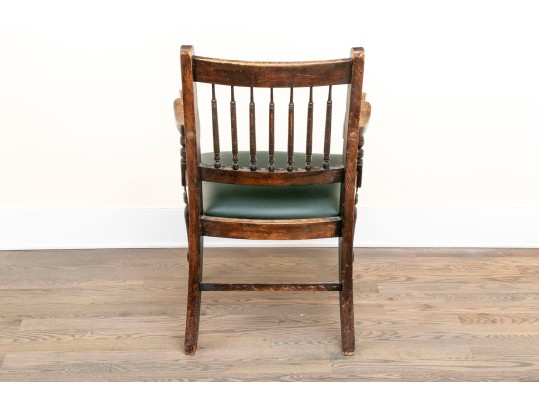 Antique Oak Spindle Back Chair Leather Upholstered