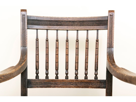 Antique Oak Spindle Back Chair Leather Upholstered