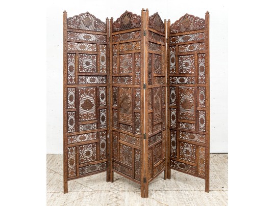 Fine Asian Carved Wood Four Panel Screen 
