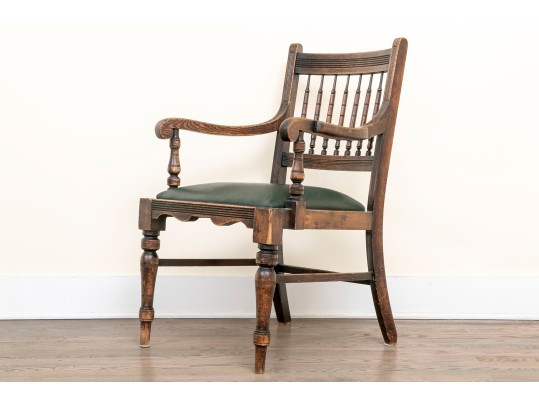 Antique Oak Spindle Back Chair Leather Upholstered