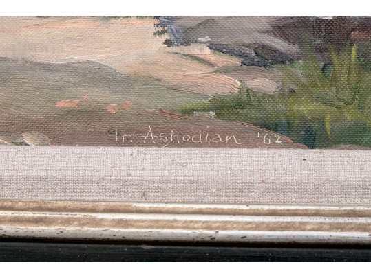 H. Ashodian, Signed Mid Century Oil On Board, Boats In Dry Dock