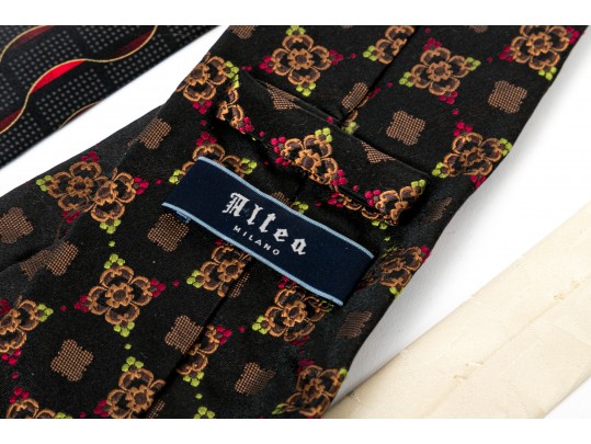 Lot Of Seven 100% Silk Neckties, Assorted Makers, Predominantly Black Tones