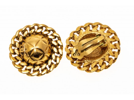 Chanel, France Round Quilted And Chain Motif Gold Tone Costume Earrings